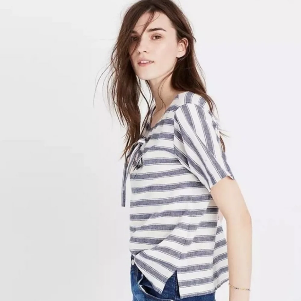 ❤️ MADEWELL STRIPED LINEN LACE UP TOP, SMALL